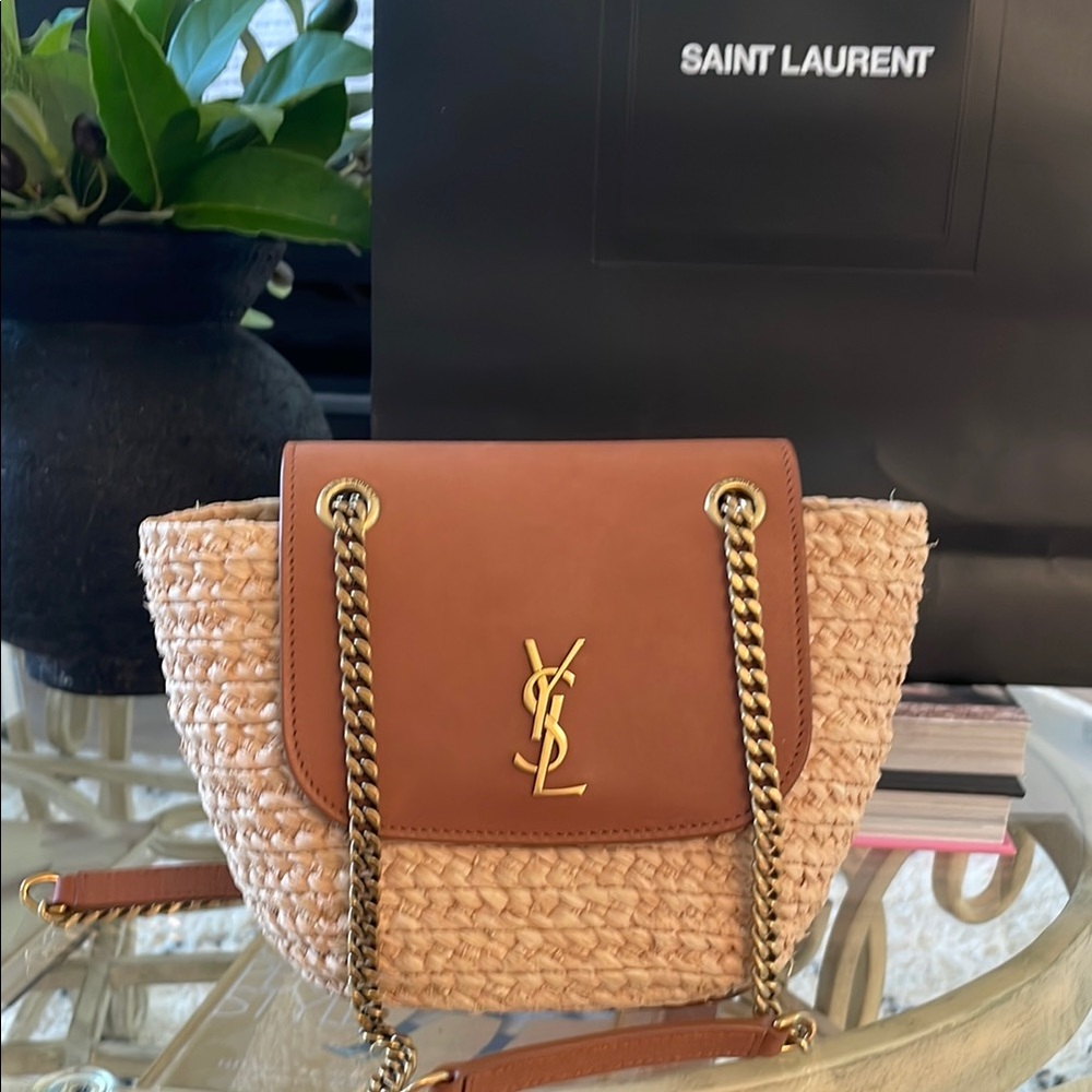Saint Laurent Tan and Brown Crossbody Bag with Gold Chain